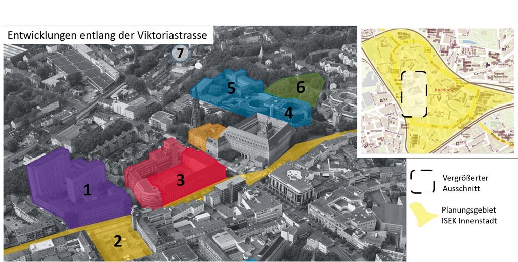 Hier plant die Stadt: Entwicklungen entlang der Viktoriastrasse und ISEK Planungsgebiet. Bild: Janek Becker; verändert nach Stadt Bochum, Amt für Stadtplanung und Wohnen 2018